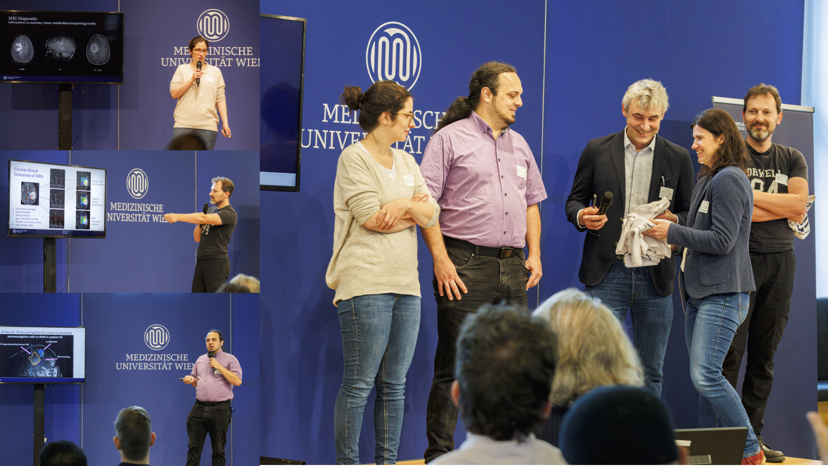 Impressions from the project team talks: How to perform GLIOMA research in a multidisciplinary team (left - Barbara Kiesel, Gilbert Hangel, Ivo Rausch, Wolfgang Bogner), Collaborative research in high-risk breast cancer: enhancing diagnosis, treatment, and understanding (right - Maria Bernathova, Yen Tan, Zsuzsanna Bago-Horvath, Philipp Seeböck).